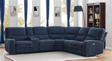 blue sectional sofa with recliner.